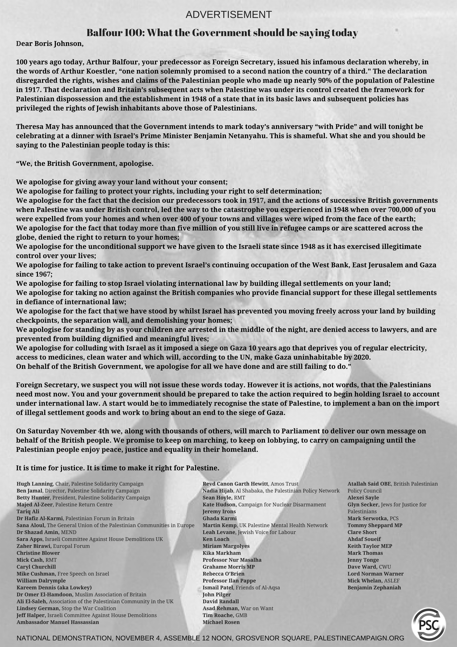 Palestine Solidarity Campaign open letter in The Guardian